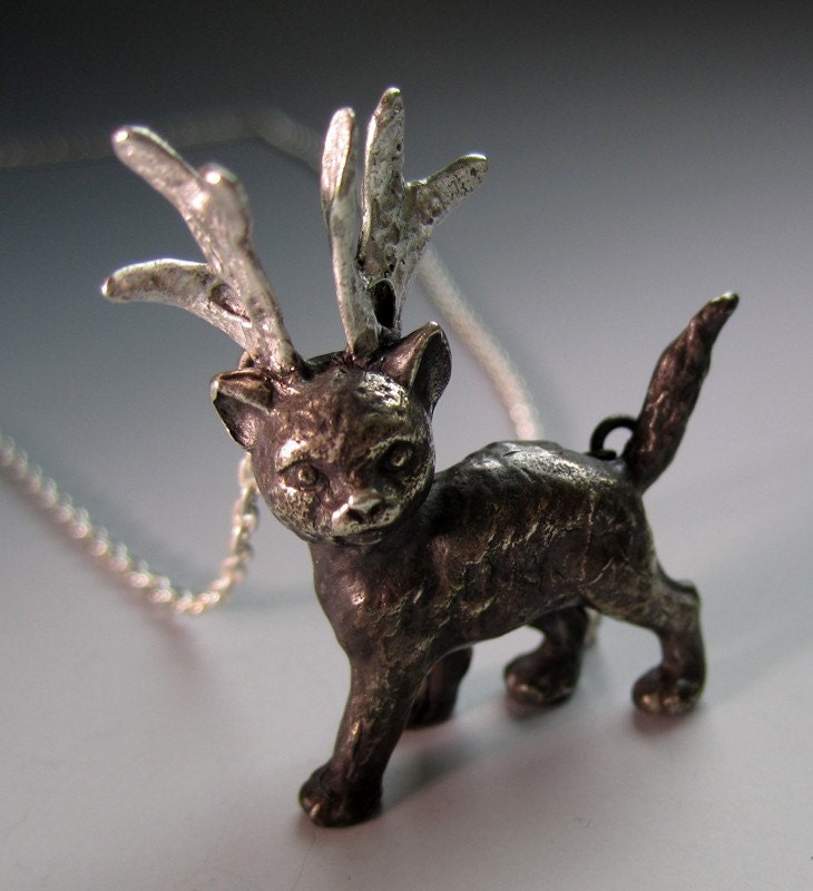 Storm the reindeer kitty, sterling silver cat pendant with antlers, Made to order