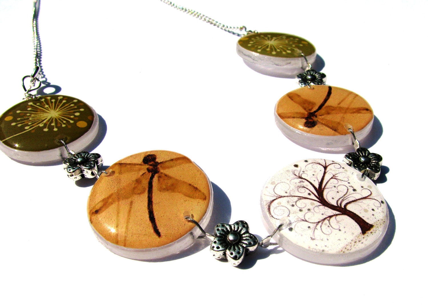 Woodland Statement Necklace: Dragonfly, Tree of Life Beaded Bib Necklace