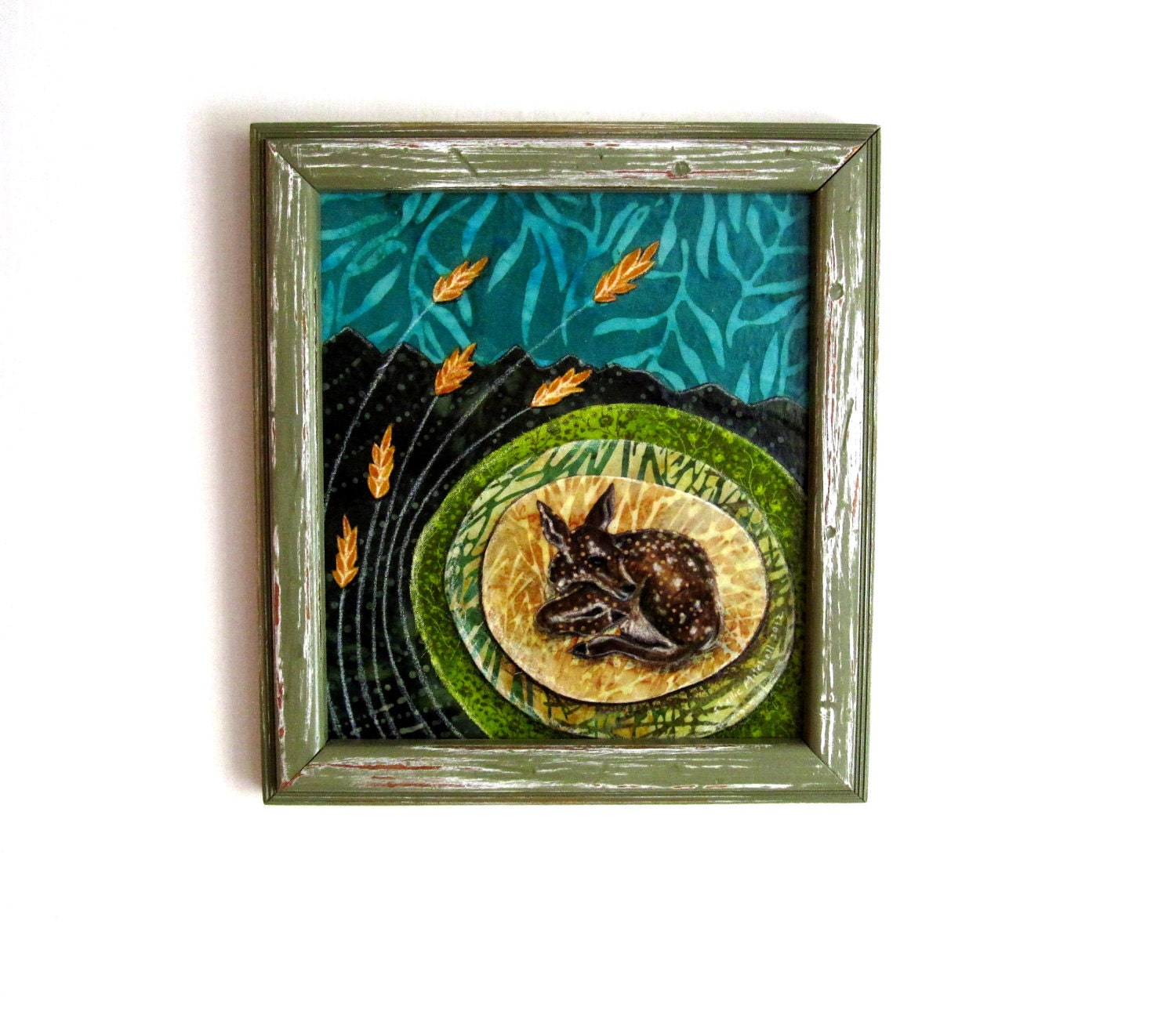 Bedded Down, spotted baby fawn resting, rustic woodland, framed, Original Artwork, Fabric on Wood