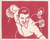 BOWLING WITH CUPCAKES linocut print