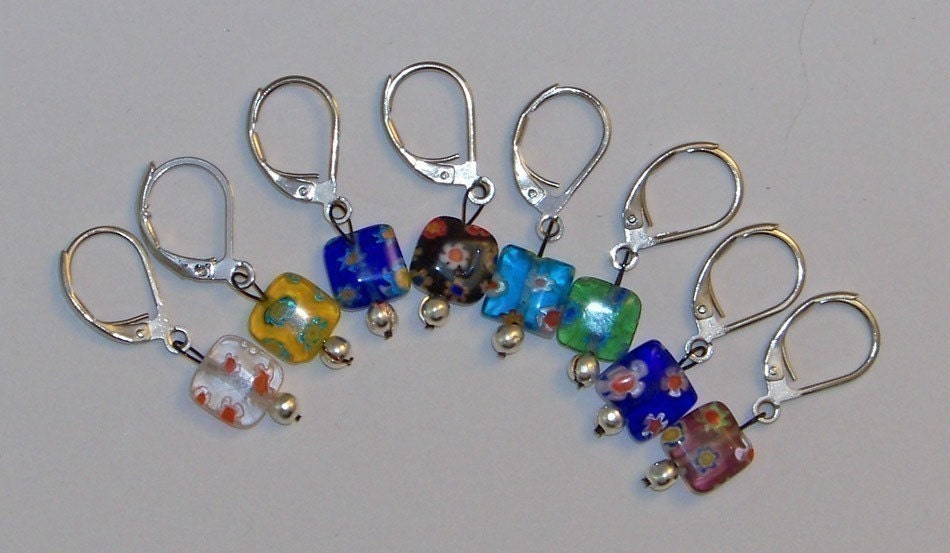 Crochet Stitch Markers, Knitting Stitch Markers, Multicolored Millefiori Removable Stitch Markers Set of 8