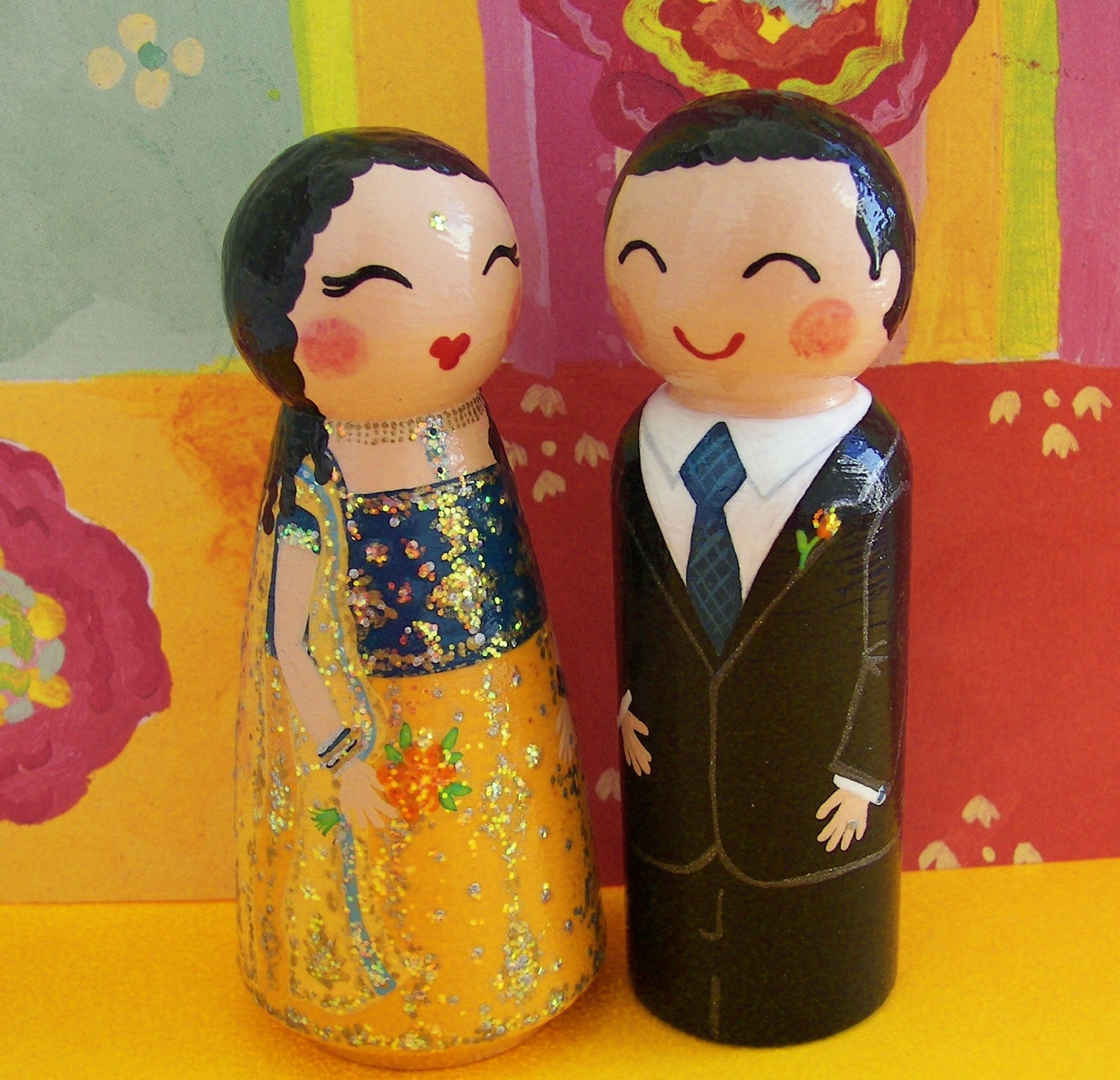 Hand Painted Love Boxes Custom Indian Wedding Bride and Groom Cake Topper Doll Wood