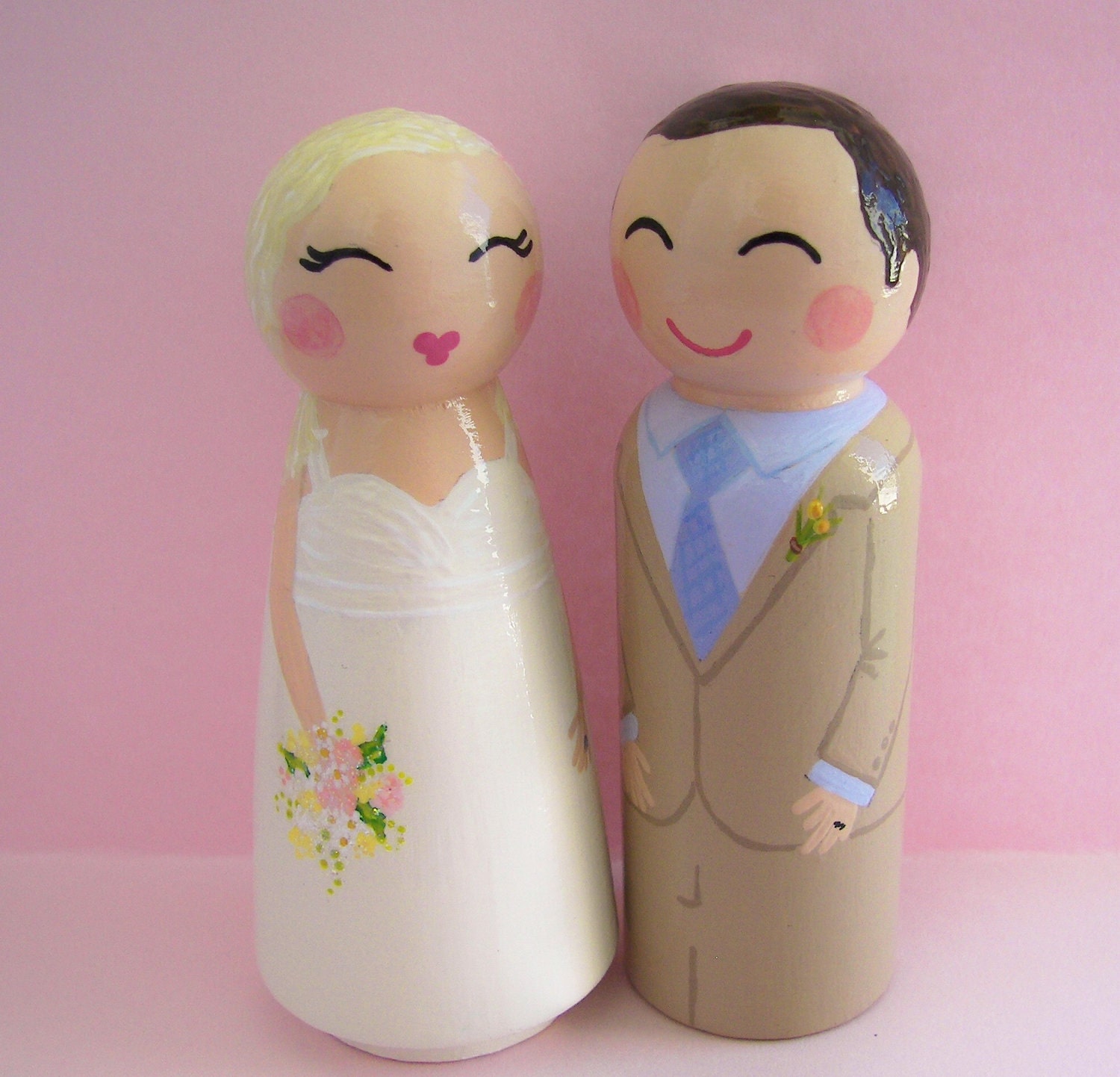 Hand Painted Love Boxes Custom Wedding Bride Groom Cake Topper Kokeshi Peg Dolls Wood