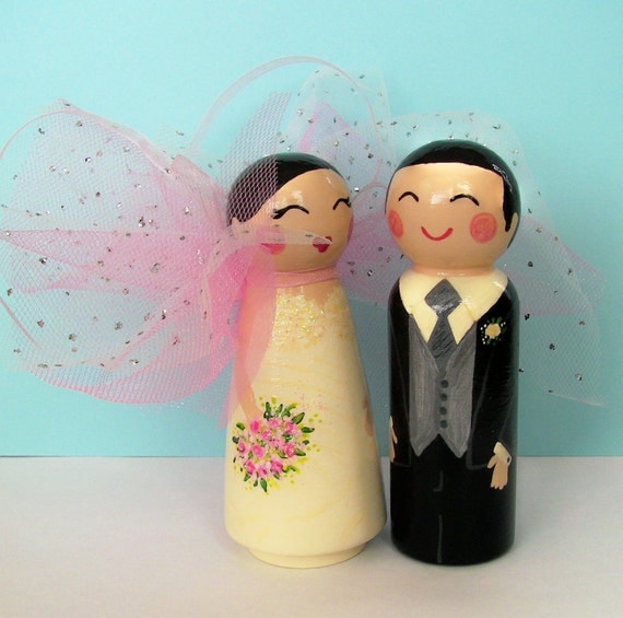 Hand Painted Love Boxes Custom Wedding Fairy Bride Groom Cake Topper Peg Dolls Wood