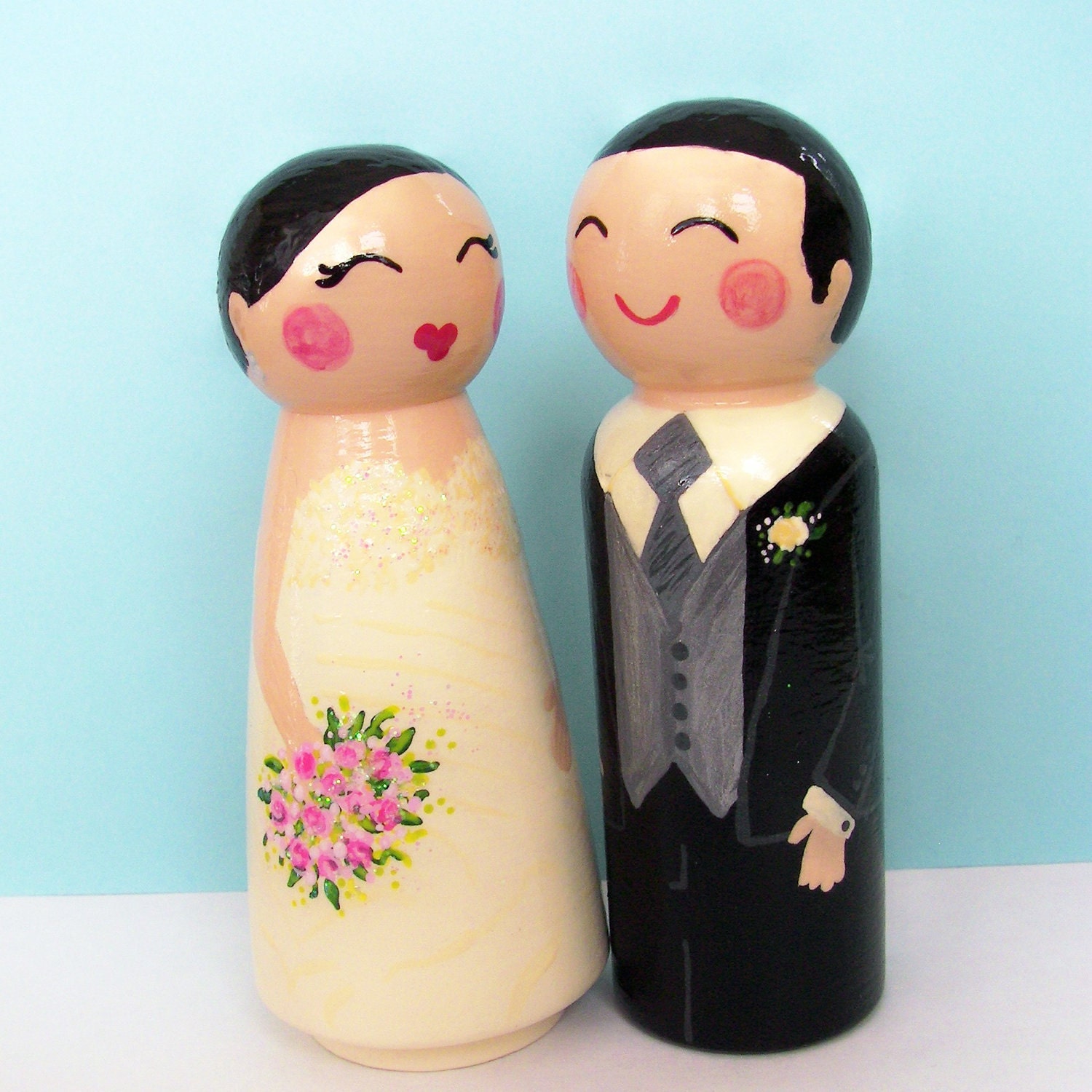 Hand Painted Love Boxes Custom Wedding Fairy Bride Groom Cake Topper Peg Dolls Wood