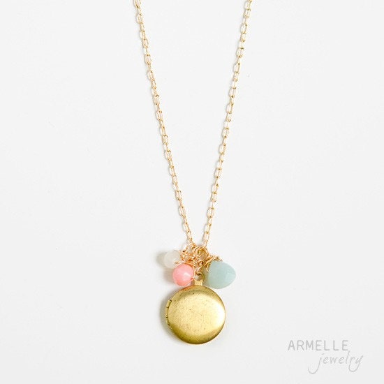 round vintage locket necklace .   blue . pink coral .