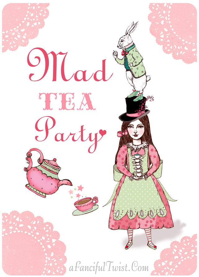 Mad Tea Party Invitation - 10 double sided large postcards