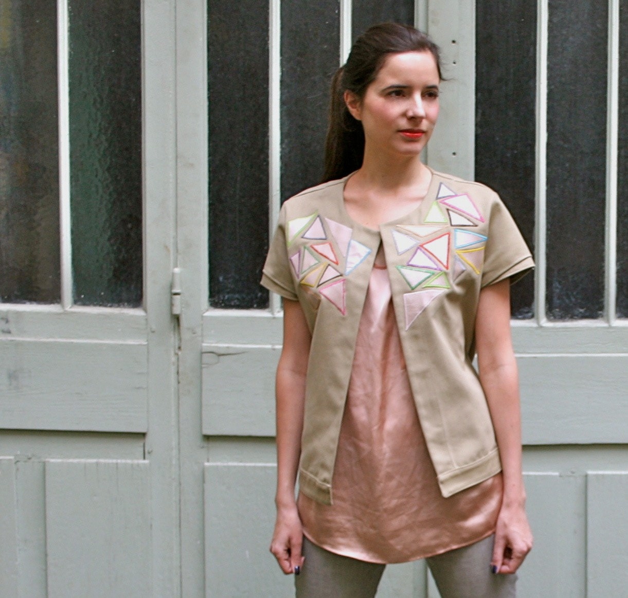 ANAIS cotton twill jacket with leather triangles appliqué