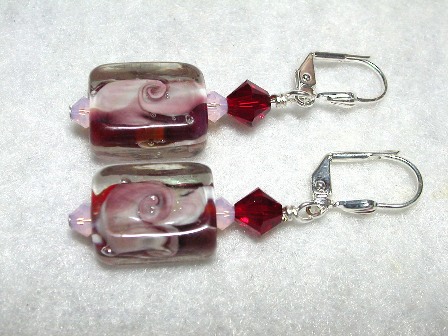 Pink and Red Earrings Lampwork and Swarovski Crystals