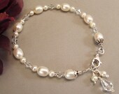 Simple Wedding Day Bracelet , Genuine Freshwater Pearls and Clear Swarovski Austrian Crystal