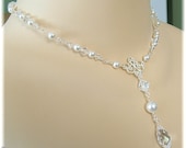 Jeweled Backdrop Necklace, Bridal Necklace, White Pearl and Crystal Necklace, Choice of Silver or Gold Metal