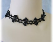 Jet Black Beaded Victorian Lace Crystal Choker, Basic Black Formal Necklace, Black Attire Accessories, Jet Crystal