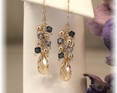 Dark Blue Blend Earrings, Bridesmaid Earrings, Navy Blue Bridesmaids, 14k Gold Filled and Swarovski Crystal, Dark Blue Earrings