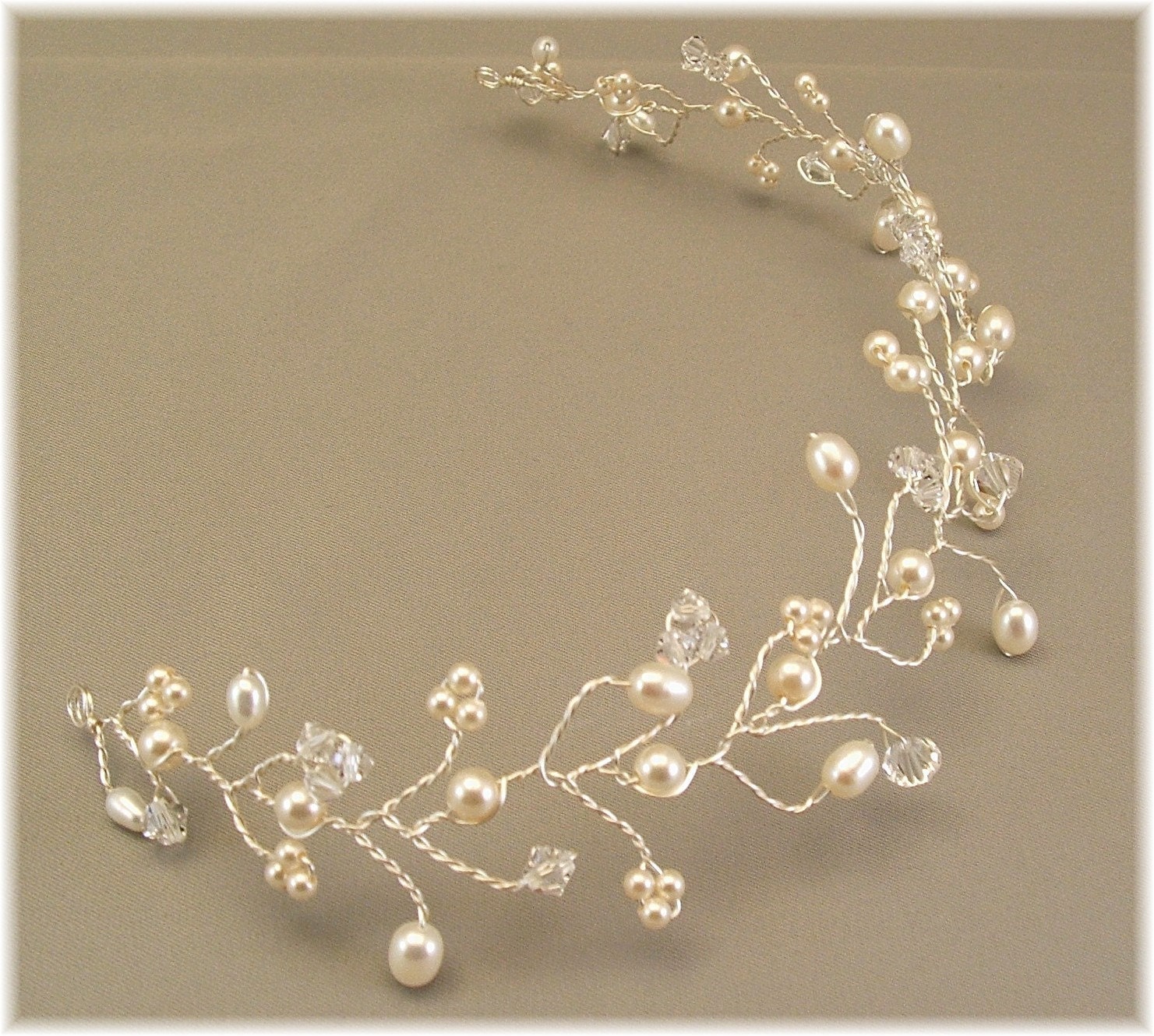 Ivory Wedding Gown Tiara, Hair Vine Tiaras, Ivory Pearl Headpiece, Ivory Weddings, Ivory Creme Pearls and Swarovski Crystal