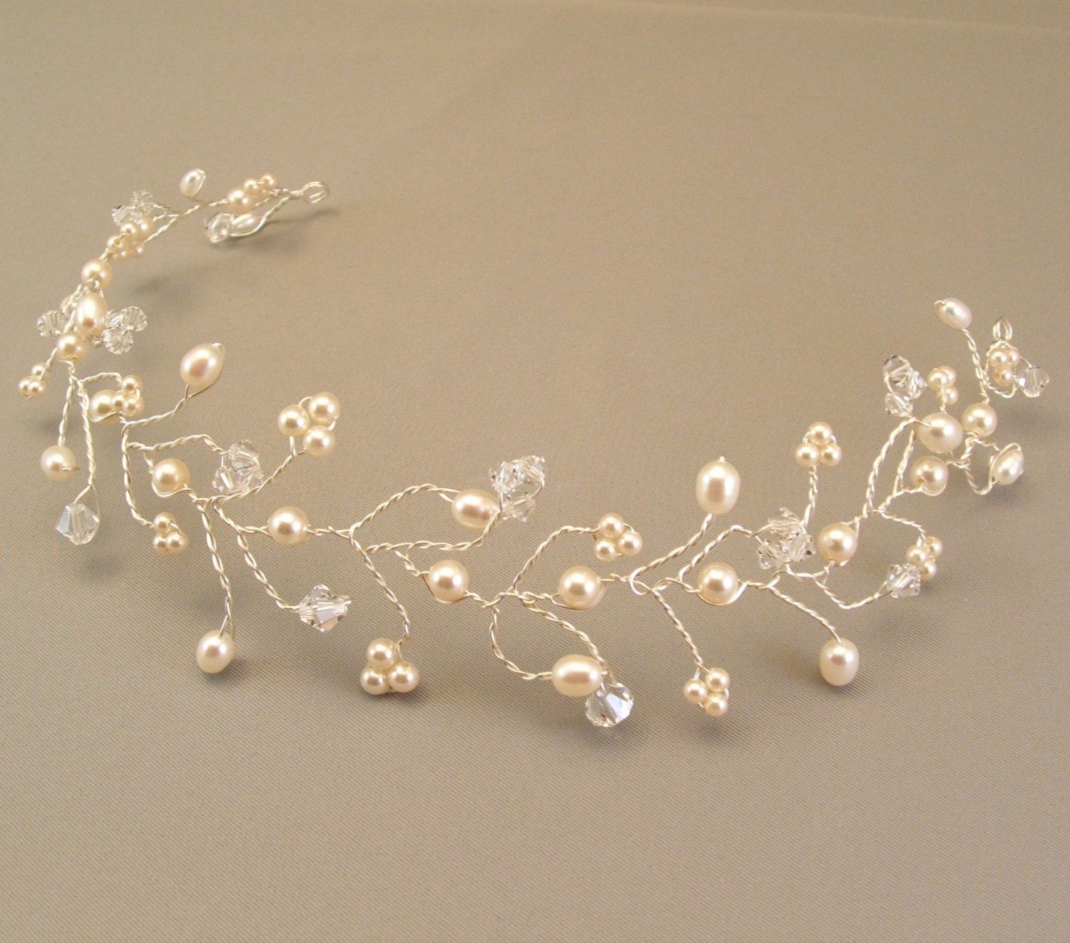Ivory Wedding Gown Tiara, Hair Vine Tiaras, Ivory Pearl Headpiece, Ivory Weddings, Ivory Creme Pearls and Swarovski Crystal