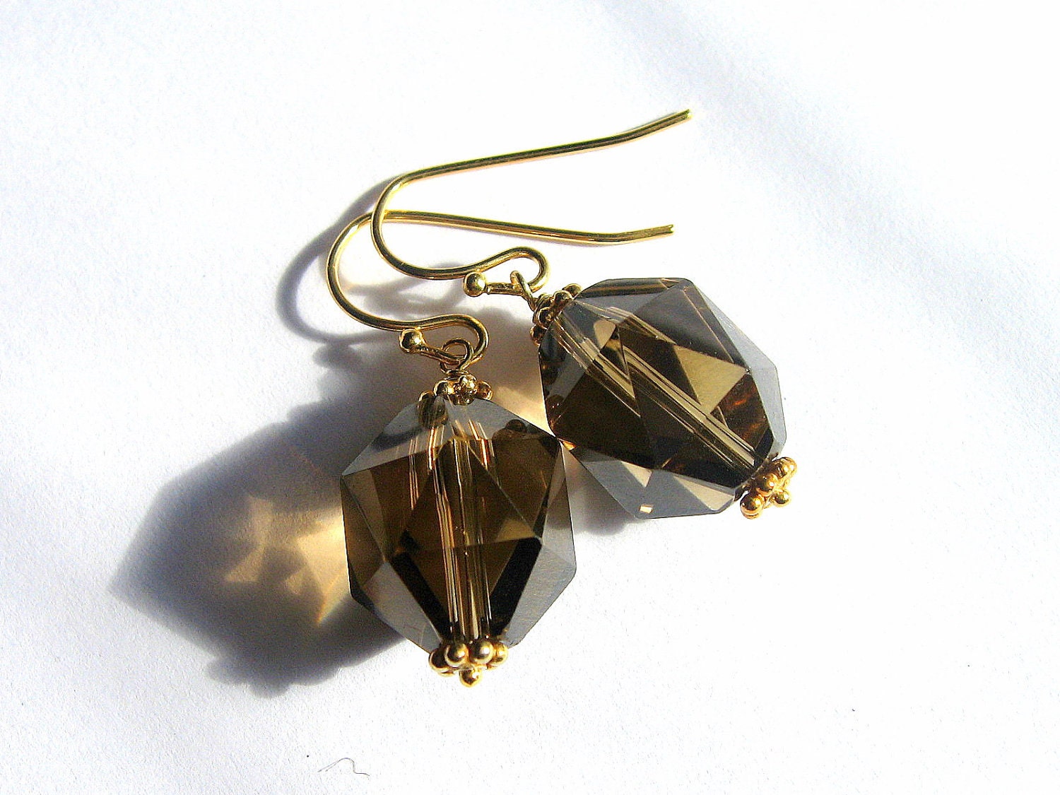Smoky Quartz Earrings, Gold and Brown, Vermeil Gemstone Dangle Earrings