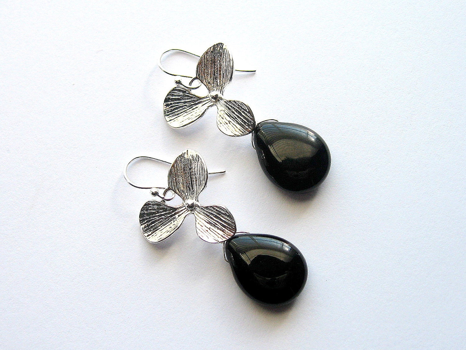 Orchid Teardrop Earrings, Black and Silver