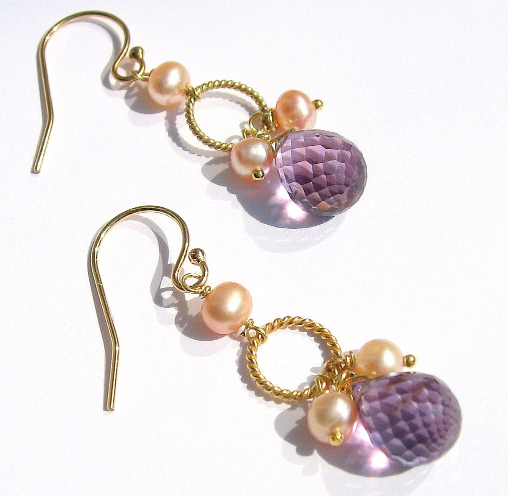 Amethyst and Pearl Earrings, Purple Peach Teardrop Dangles, Gold Vermeil