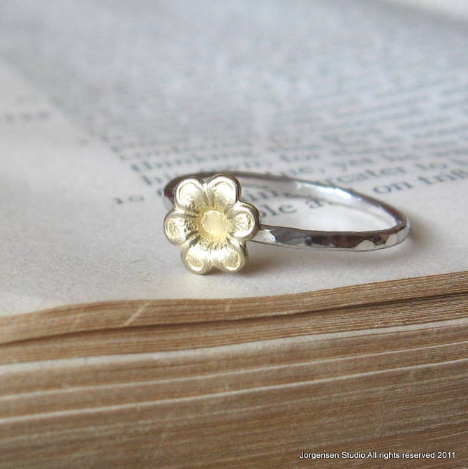 Bright Silver Little Brass Flower Ring Single