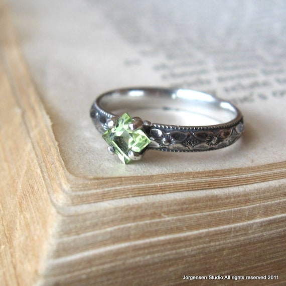 Square Princess Cut Peridot Engagement Promise Stacking Ring