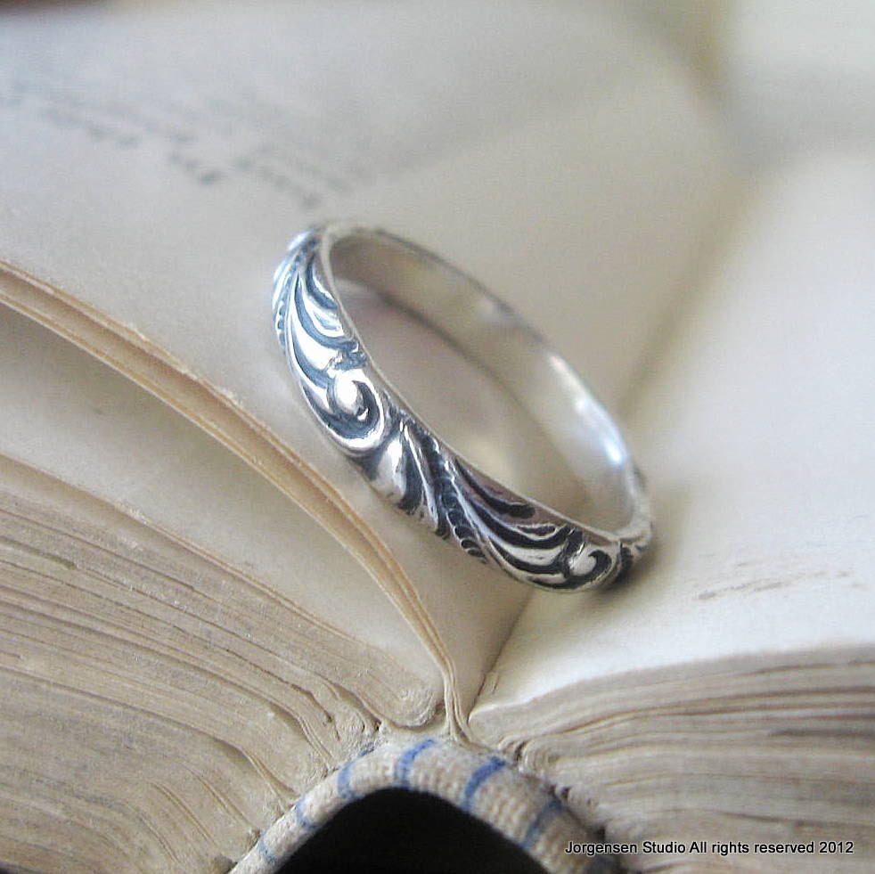 Oxidized size 8 Sterling Silver Wedding Band or Stacking Ring in Thin Swirl Pattern