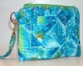 Zippered Wristlet with Detachable Strap-Green and Blue Batik