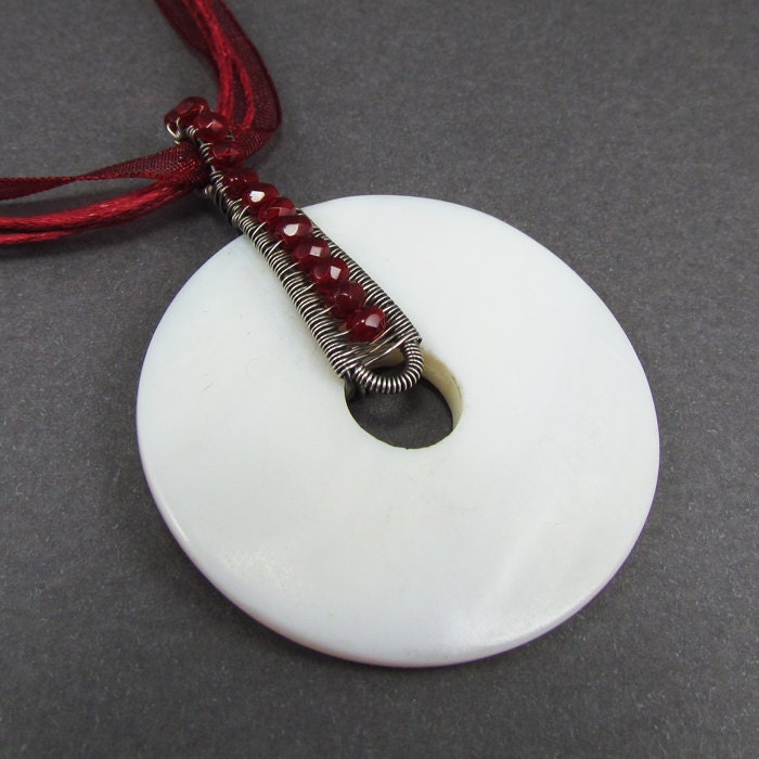 Necklace - White Shell, Red Glass and Sterling Silver - Innocence Bleeds