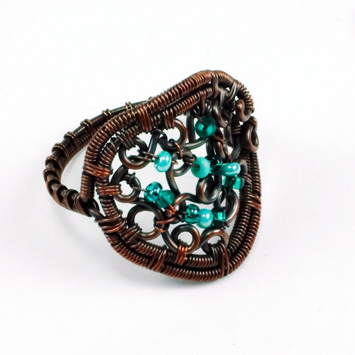 Copper and Mint Green Glass Beaded Scrolls Ring
