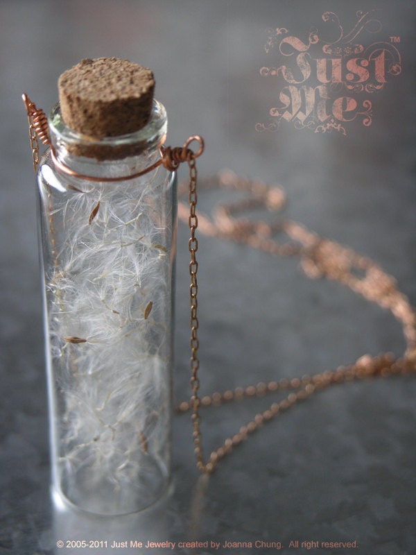 Just Me - LAST ONE - Messenger of Love - Winged Seeds of a Summer Flower Glass Bottle Necklace 30 inches - Mother's Day - Summer
