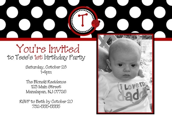 ladybug Photo Birthday Invitation, red and Black, 1st birthday Do it yourself