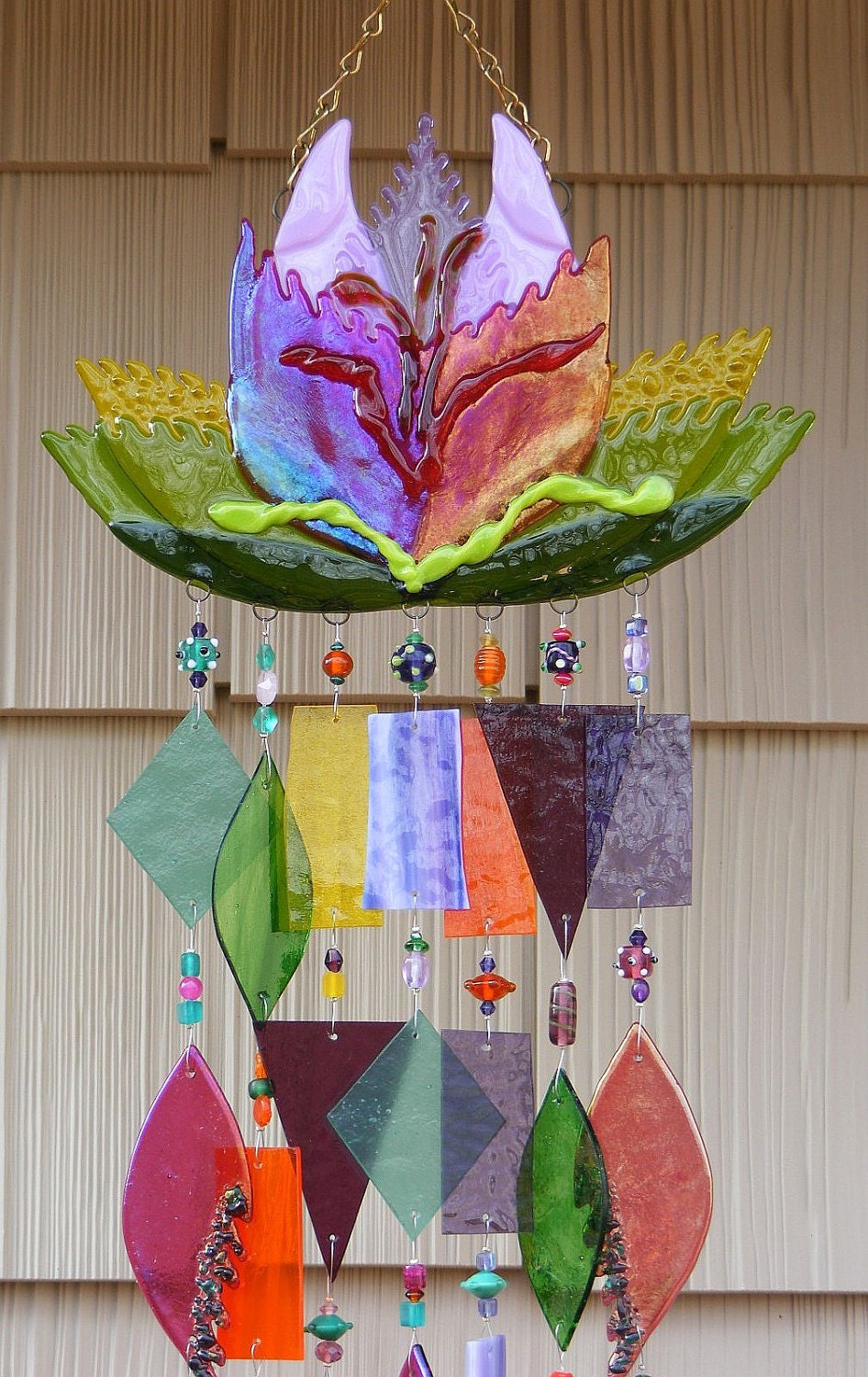 Kirks Glass Art Fused Stained Glass Wind Chime windchime - Parrot Tulip