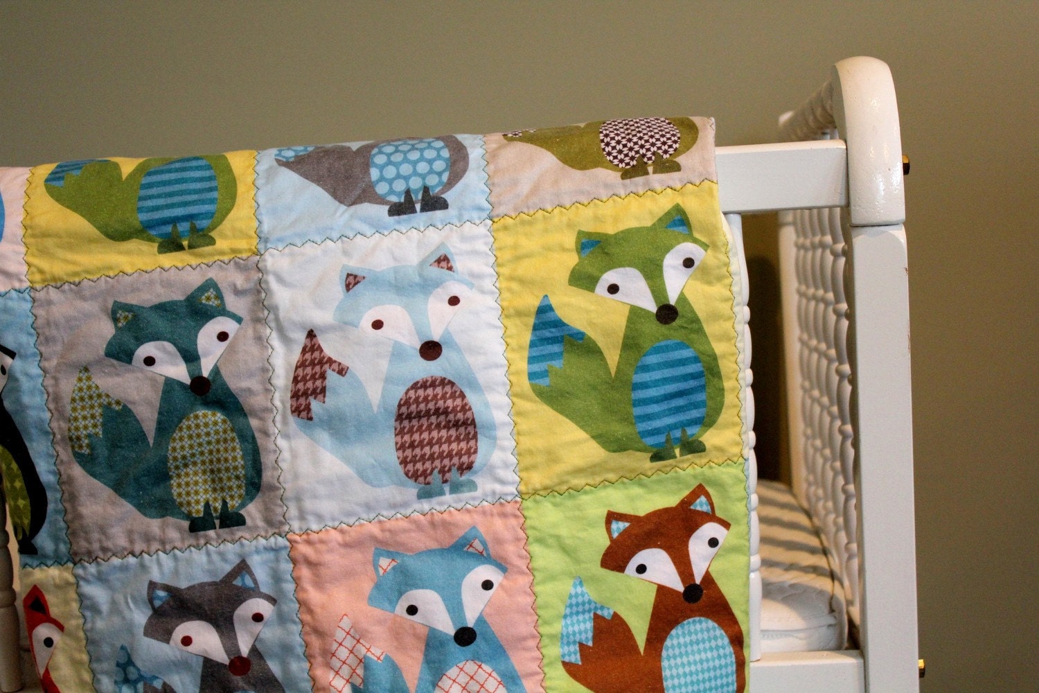 Fox Tails QUILT by PETUNIAS - baby blanket newborn shower gift vintage modern room decor fox brown orange green gray grey