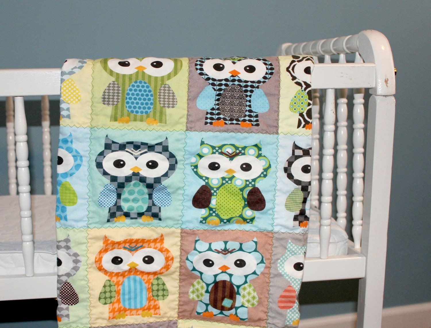 SALE Blue Hoot Hoot QUILT by PETUNIAS - baby blanket owl blue green brown vintage modern photo prop newborn shower gift