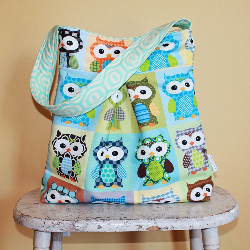 Large OWL Diaper Bag by PETUNIAS - hobo bag purse market tote laptop carry all gym sack gift baby shower nappy everyday ready to ship teal