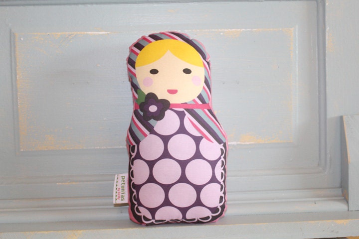 PETUNIAS' Matryoshka Babushka Doll Pillow plush softie baby girl gift photo prop stuffed pink brunette brown hair