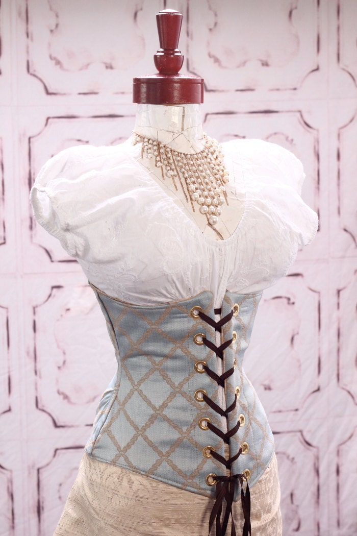 Waist 36-38 Pale Blue with Tan Crisscross Wench Corset
