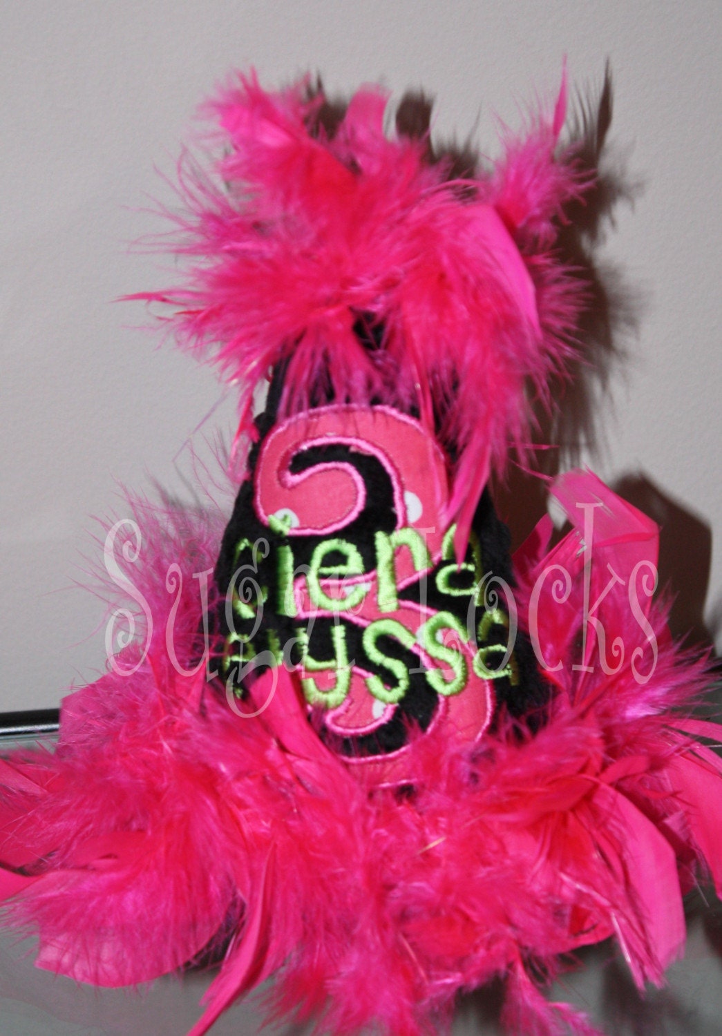 Black Hot Pink and Green Custom Personalized Big Feathers Birthday Hat