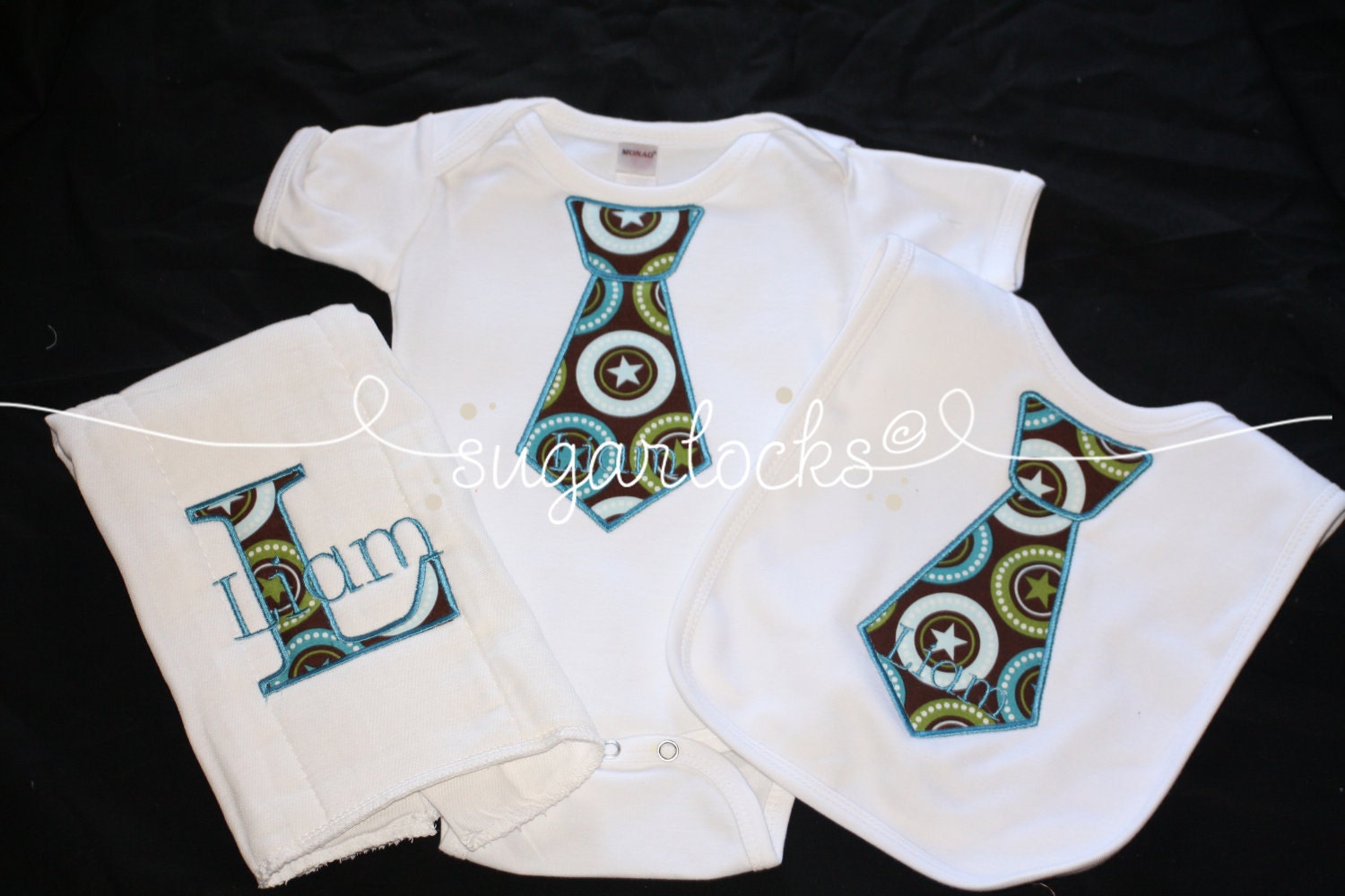 Baby Boy Tie 3pc Personalized Boutique Gift Set --bodysuit/onesie, bib and burp cloth