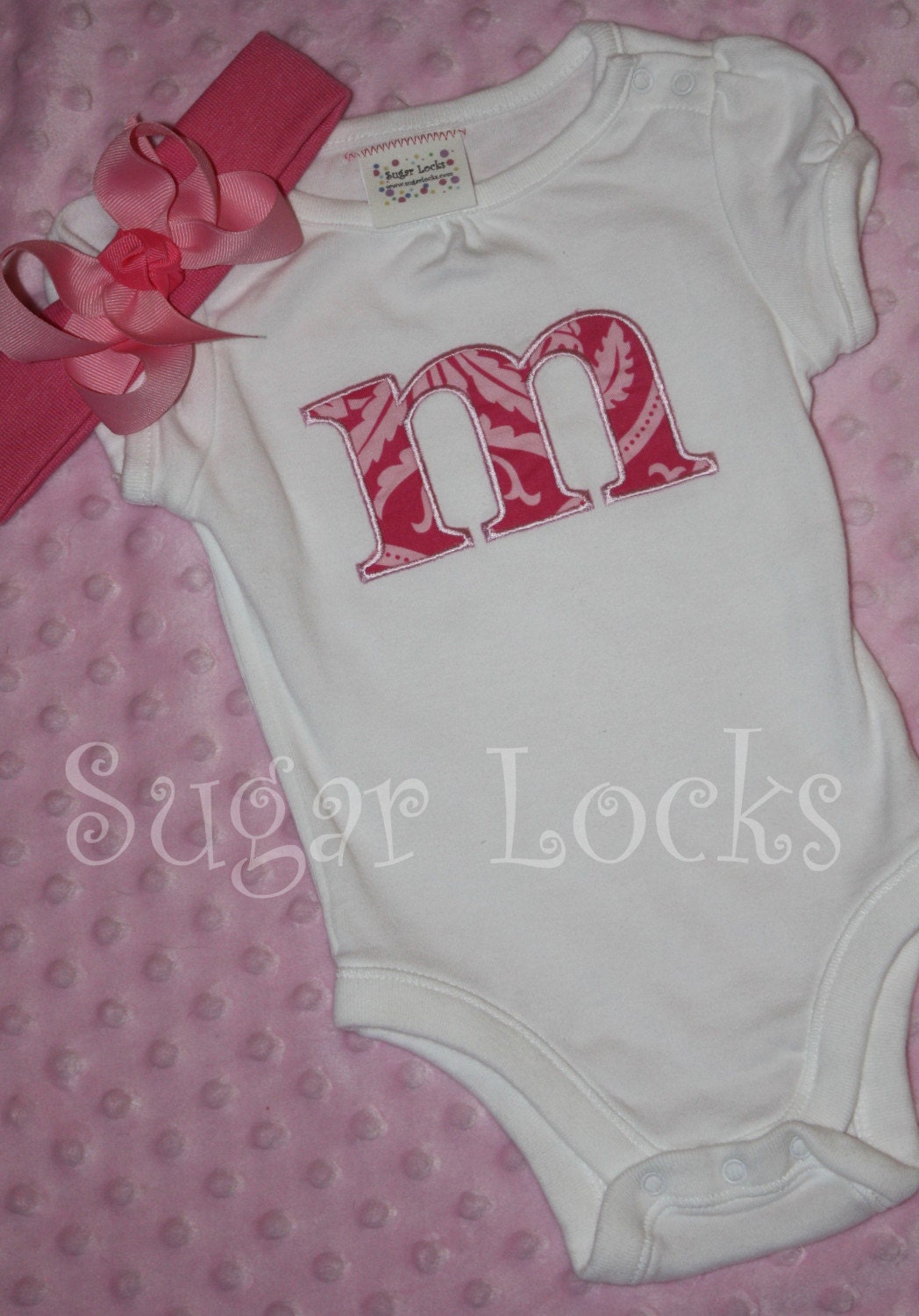 Typewriter Applique Initial T shirt Pink Damask bodysuit or t shirt
