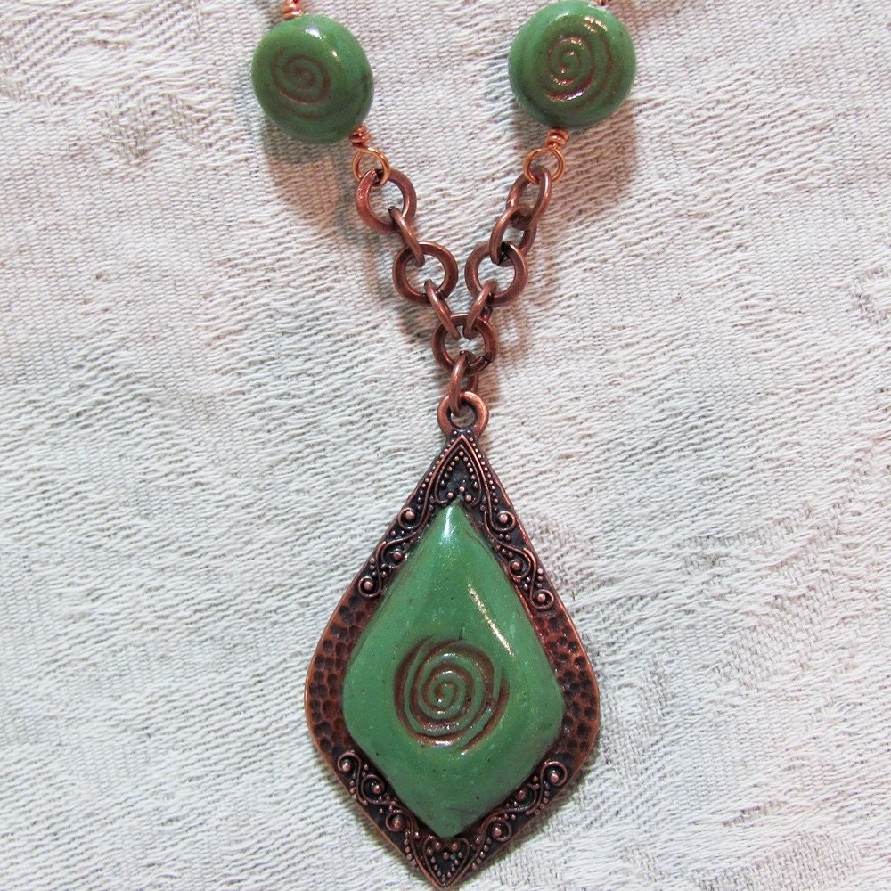 Necklace 21 inch copper and Faux Jade focal pendant and hand-formed Copper Swirls beads