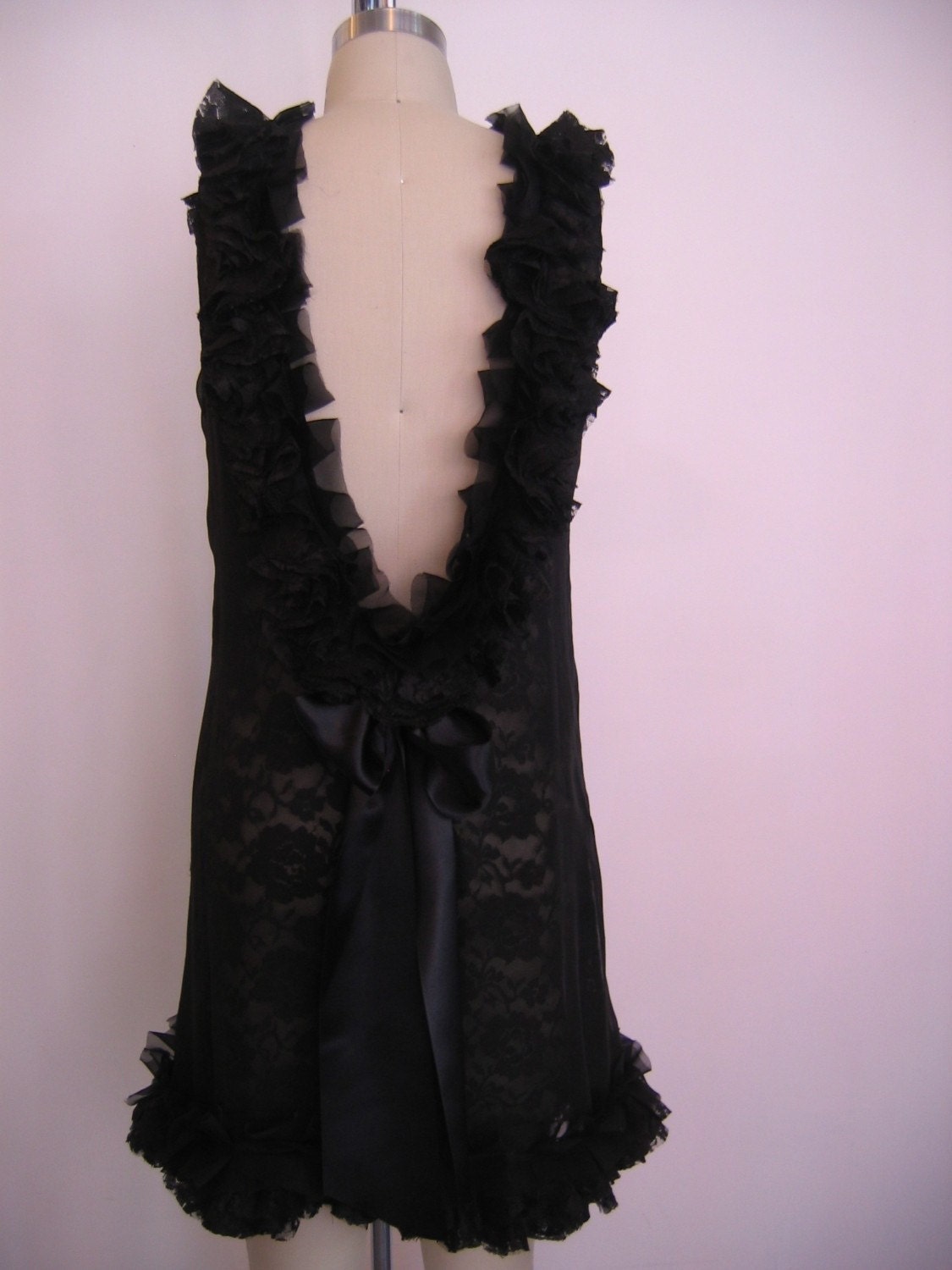 Coco Black Silk Chiffon and Lace Backless Dress. Little Black Dress (LBD). Made to Order.