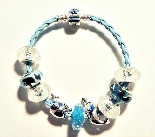 FREe SHIPPINg european beads leather bracelet 7"  aqua white dolphin whale LIMITEd EDITIOn