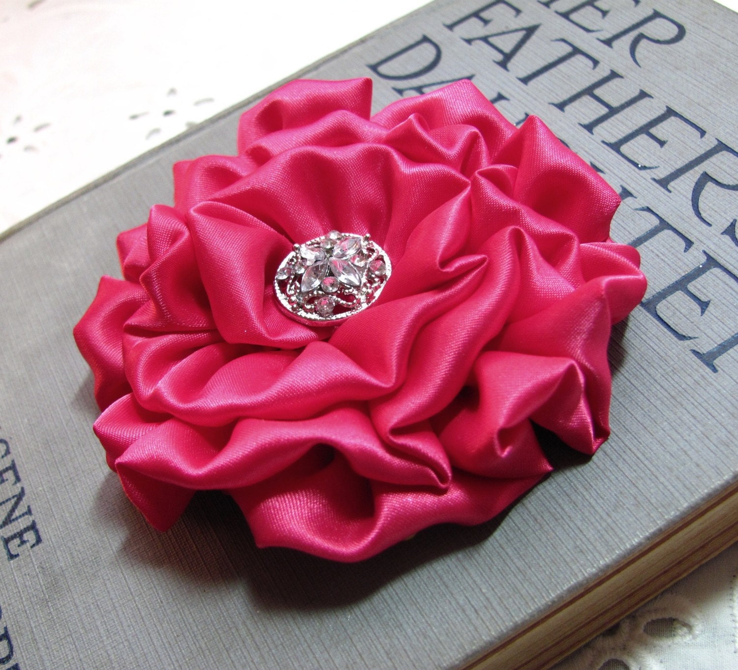 Hot Pink Flower Hair Clip.Pink Satin Rosette Brooch and Hair Clip. Cabaret Pink