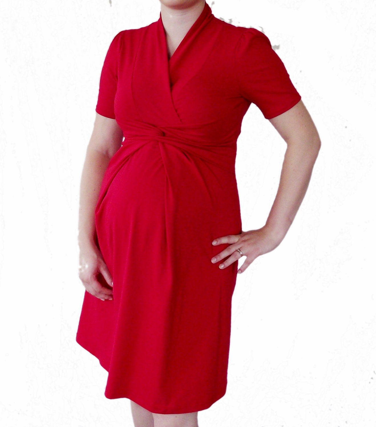 Red Dress A Line Empire Dress with Sleeves Pleats Modest Neckline (XS,S,M,L,XL) Great as Maternity Wear