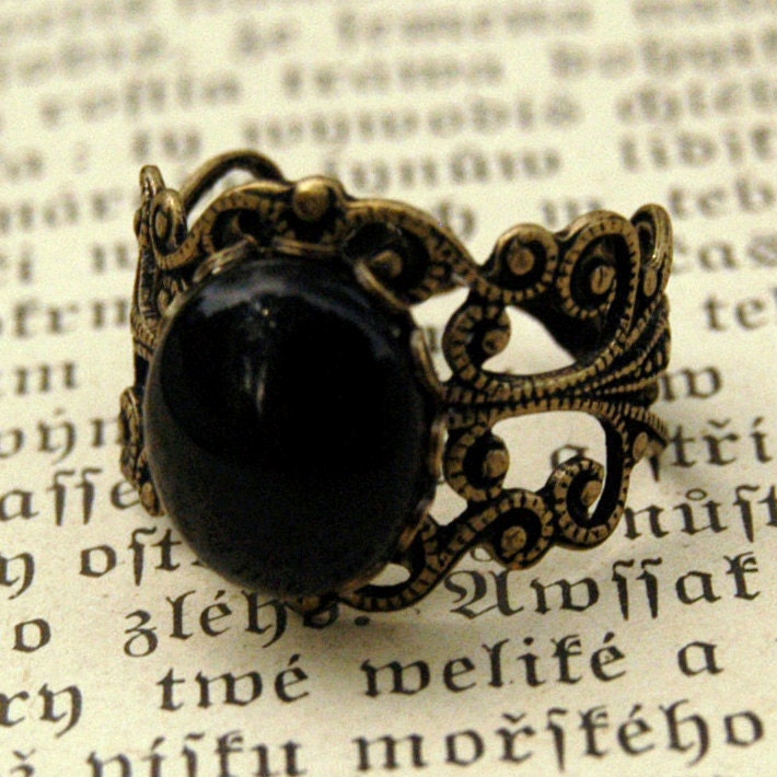 Filigree Ring - Black Onyx Stone in Brass 12x10mm