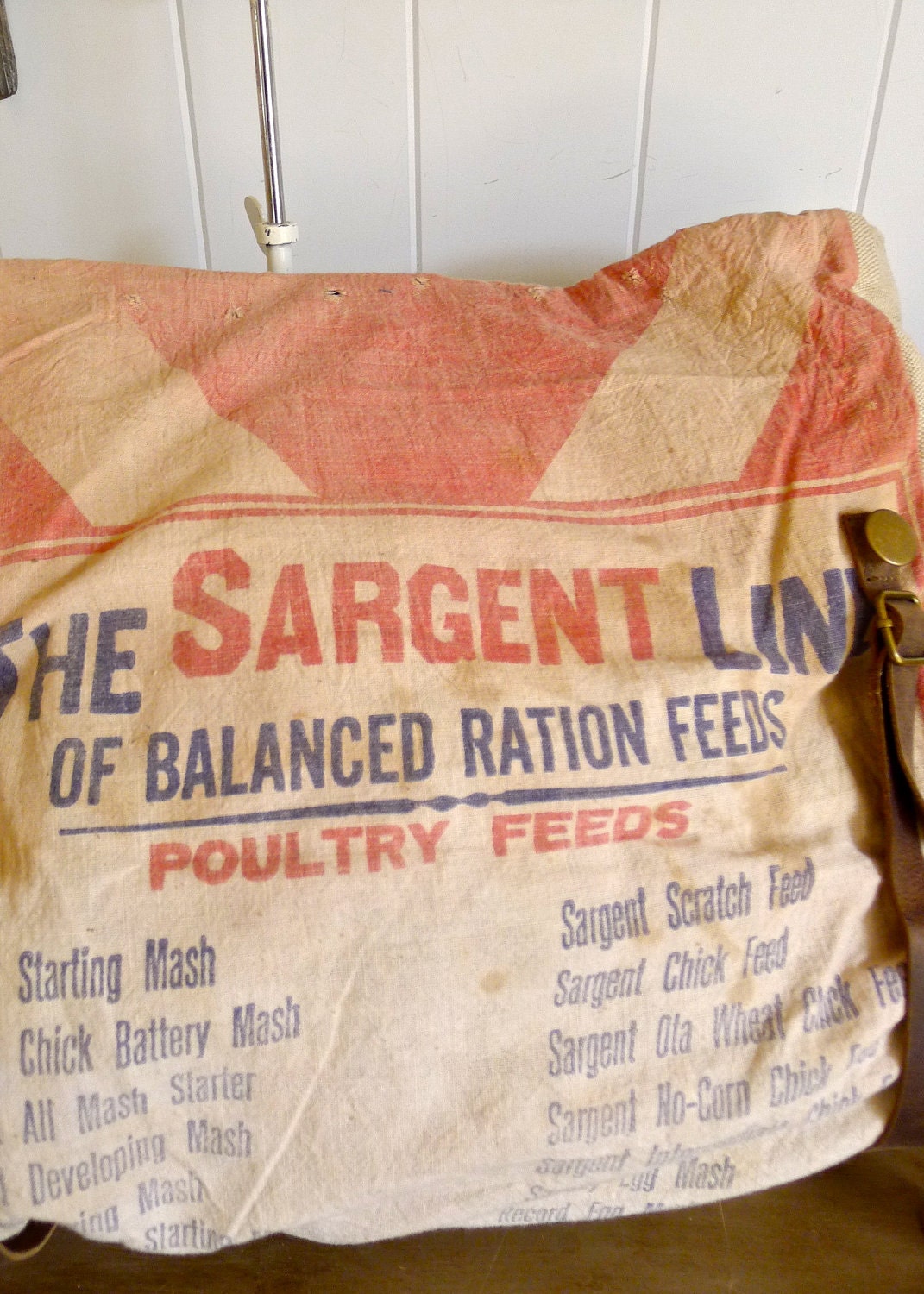 Sargent Line Ration Feeds - Des Moines, Iowa - Vintage Seed Sack Satchel Bag - Americana OOAK Canvas and Leather Handbag