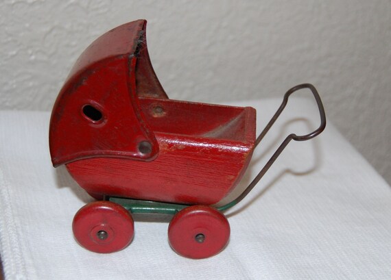 Antique Toy Red Wooden Baby Stroller by PrairieJewel on Etsy