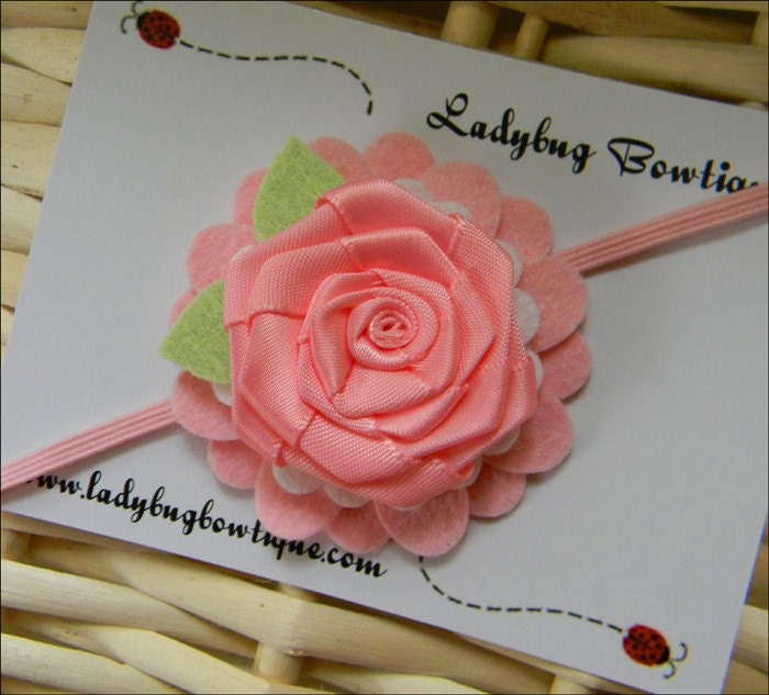Girls Wool Felt and Satin Rosette Skinny Elastic Headband - Baby Pink and White