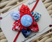 Sweet Six-Petal Fabric Flower Hair Clip or Skinny Elastic Headband - Patriotic Patchwork