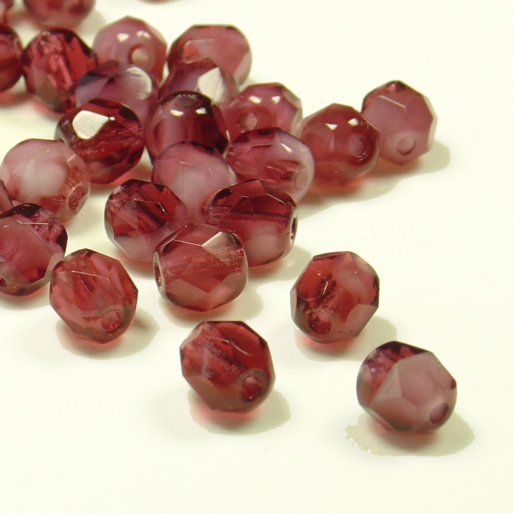 6mm Fire Polished Natural Fuschia with White Core  Czech Glass Beads - 50 Pieces - 6626